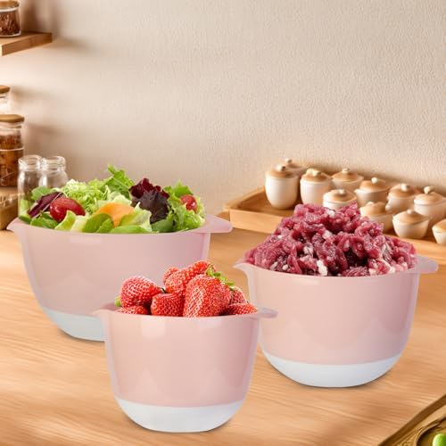 3 Small Mixing Bowls Set with Lids, Pour Spout and TPR Bottom, Plastic Nesting