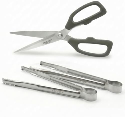 TECHEF Kitchen Shears With 2 Stainless Steel Tongs & Travel Bag, Dishwasher Safe