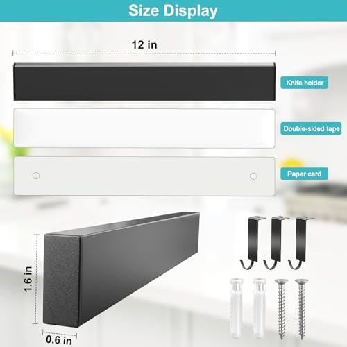 Magnetic Knife Holder With 3 Hooks, 12 Inch Knife Magnetic Strip No Drilling