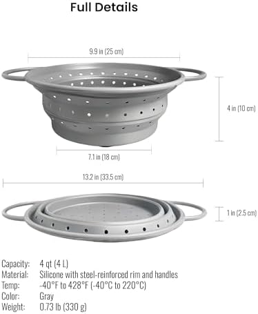 4‑Quart Silicone Collapsible Colander & Kitchen Collapsible Strainer
