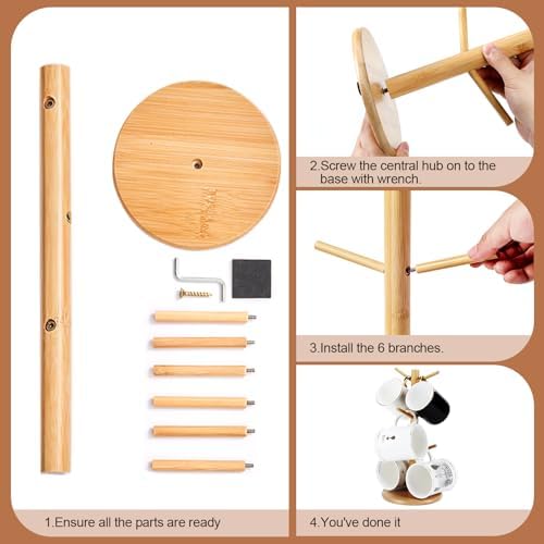 Bamboo Mug Tree Holder, Upgraded Screw Type 6 Hooks Coffee Mug Holders