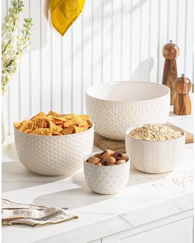 Ceramic Mixing Bowls, Embossed Nesting Bowls Set of 4, Mixing Bowl Set