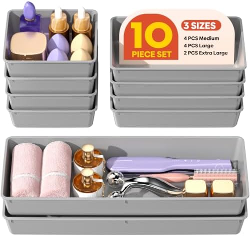 10 Pack Large Size Plastic Drawer Organizers Set, 3 Sizes Desk Drawer Organizer