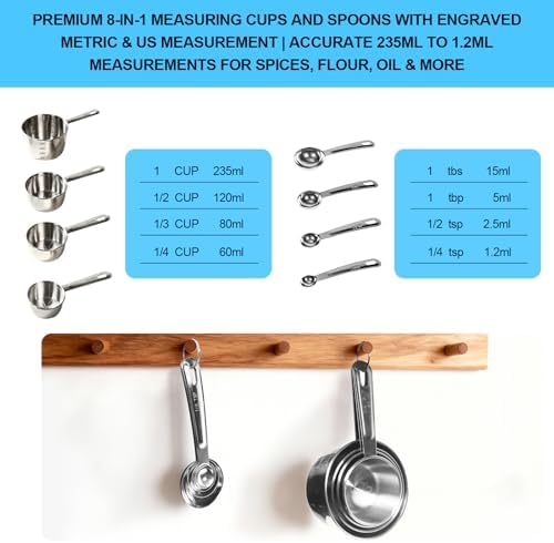 8 PCS Stainless Steel Measuring Cups and Spoons Set, Engraved Metric & US