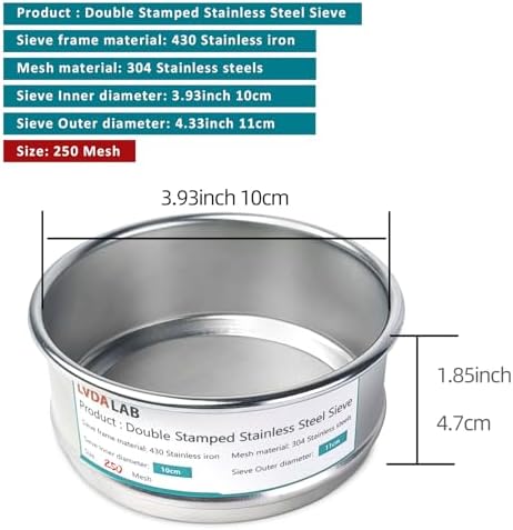 4" 304 Stainless Steel Lab Sieve, 250 Mesh Screen Sifter