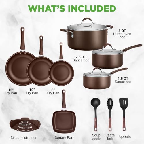NutriChef 14-Piece Nonstick Brown Cookware Set