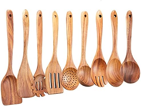 Wooden Kitchen Utensils Set, GUDAMAYE 9 PCE Natural Teak Wooden Spoons