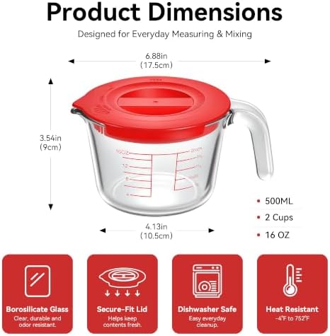 Glass Measuring Cups with Lids, 2 Cup （500ML）