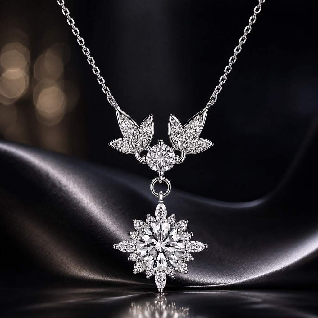 925 Sterling Silver Moissanite Pendant Necklace with Pavé Setting in White Gold - 40+5cm for Women