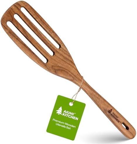 AIUHI Premium Wooden Slotted Spatula, Durable Teak Wood Cooking Spatula