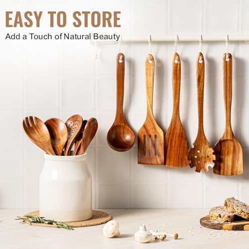 Terlulu 10 Pcs Wooden Spoons for Cooking, Natural Teak Wooden Kitchen Utensils