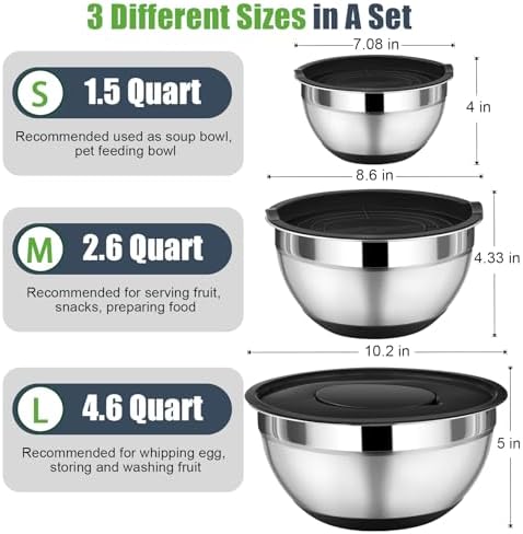 P&P CHEF Mixing Bowl with Lid Set of 3, Stainless Steel Salad Bowls