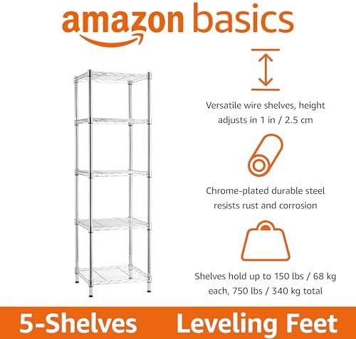 Amazon Basics 5-Shelf Tower Adjustable Storage Shelving Unit, 150 lbs Per Shelf