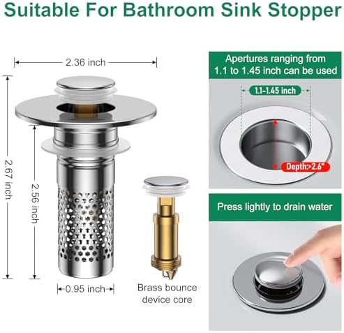 Bathroom Sink Drain Strainer, Universal Pop-Up Sink Stopper Hair Catcher