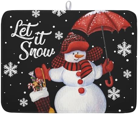 Black Snowman Dish Drying Mats for Kitchen Counter, Winter Snowflake Dish Mat