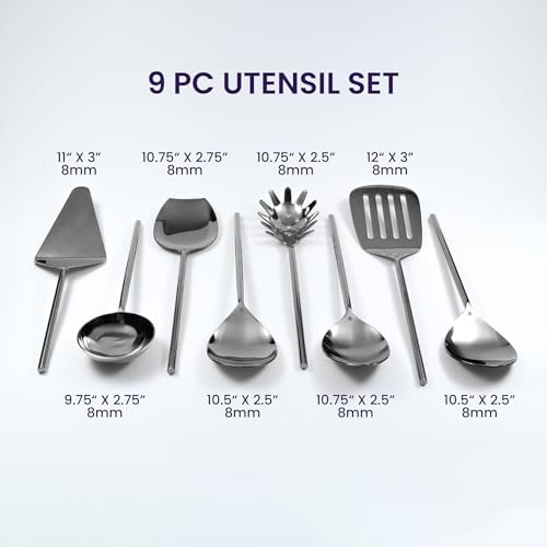 Melvvi Silver Stainless Steel Kitchen Utensils Set – 9-Piece | Non-Toxic