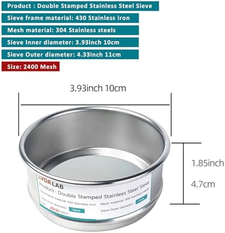 4" 304 Stainless Steel Lab Sieve, 2400 Mesh Screen Sifter