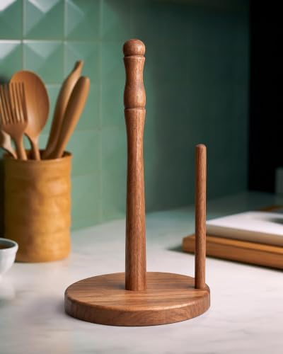 Farmhouse Acacia Wood Paper Towel Holder Countertop, Weighted Base