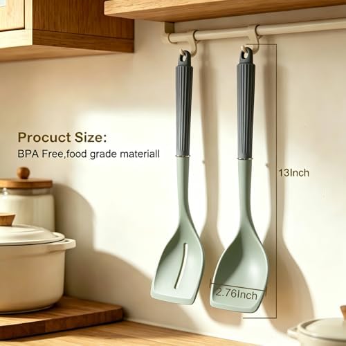 13Inch Silicone Cooking Spoon Spatula, Large Rubber Solid Slotted Spoon Set