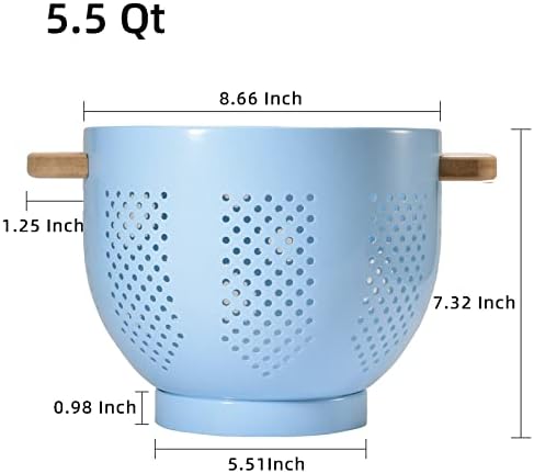 Metal Colander with Wood Handle and Stable Base, Powder Coated Steel Kitchen