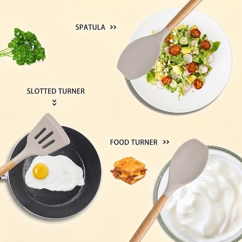 MIBOTE Silicone Cooking Kitchen Utensils Set, Wooden Handle