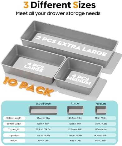 10 Pack Large Size Plastic Drawer Organizers Set, 3 Sizes Desk Drawer Organizer