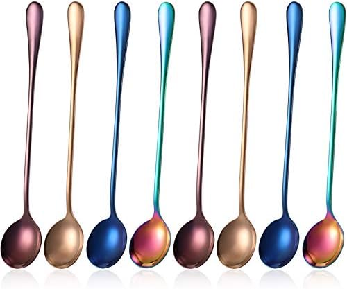 8 Pcs Long Handle Tea Spoon, Stainless Steel Mixing Spoon, Round Style