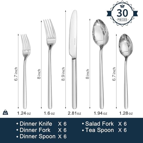 KINGSTONE 30 Pieces Silverware Set, Flatware Cutlery Set