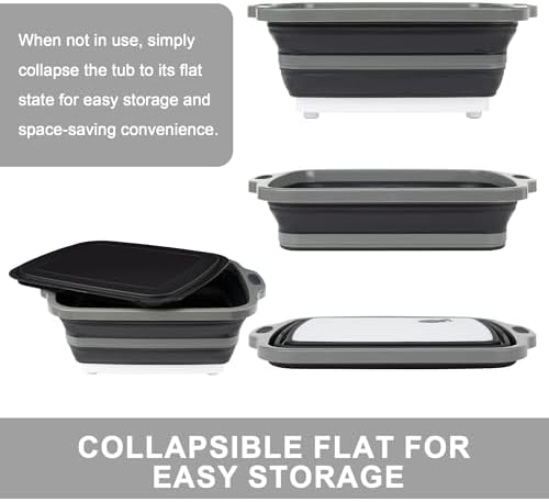 Collapsible Cutting Board with Container, Foldable Camping Sink with Colander