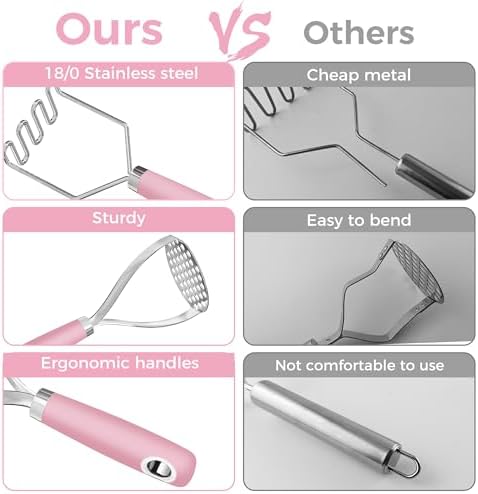 18/0 Stainless Steel Pink Potato Mashers, 10.7-in Kitchen Masher Tool