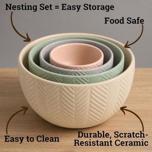 Ceramic Mixing Bowls Set of 4 pcs, Colorful Nesting Bowls 5, 0.5 Qt
