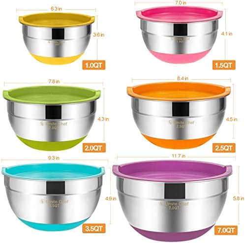 Umite Chef Mixing Bowls with Airtight Lids, 6 Piece Stainless Steel Metal Bowls