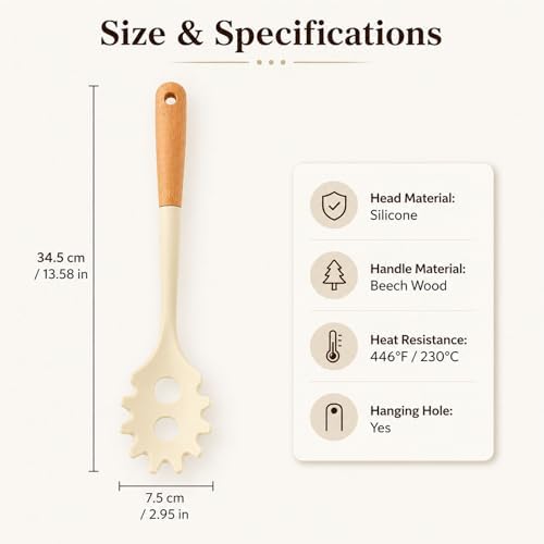 Silicone Pasta Spoon for Spaghetti & Noodles, Wooden Handle, Drain Holes
