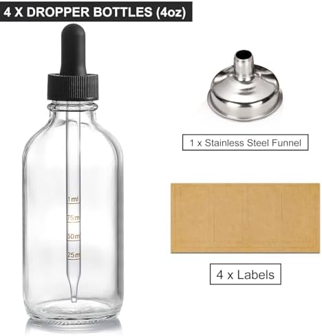 4 Pack 4oz Glass Dropper Bottles - 120ml Clear Tincture Bottles with Calibrated