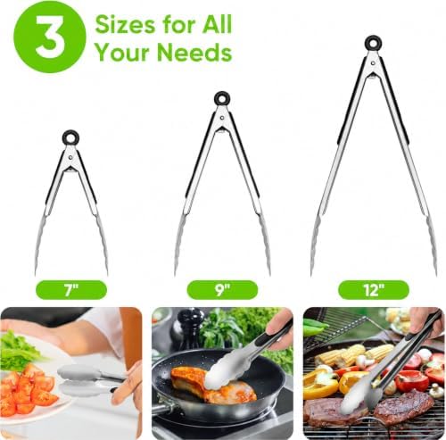 7/9/12 Inch Kitchen Tongs Set, Stainless Steel Cooking Tongs