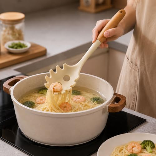 Silicone Pasta Spoon for Spaghetti & Noodles, Wooden Handle, Drain Holes