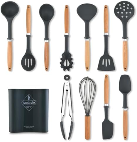12-piece Silicone Kitchen Utensils Sturdy Thickened Wooden Handle Cooking