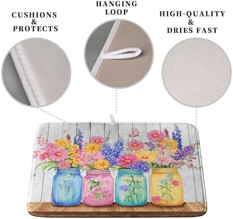 Daisy Dish Drying Mat for Kitchen Counter Spring Summer Flowers Vases Dishes