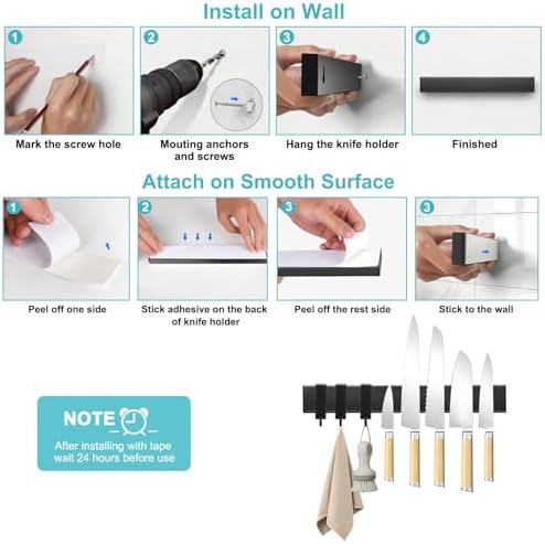 Magnetic Knife Holder With 3 Hooks, 12 Inch Knife Magnetic Strip No Drilling