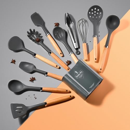 12-piece Silicone Kitchen Utensils Sturdy Thickened Wooden Handle Cooking