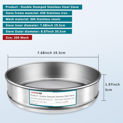 7.9" 304 Stainless Steel Lab Sieve, 200 Mesh Screen Sifter