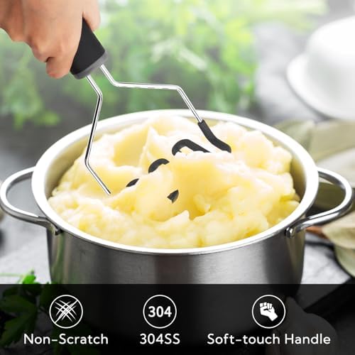 KITCHENDAO Non-Scratch Potato Masher, Heavy Duty 18/8 Stainless Steel Wrapped