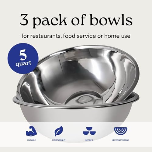 5 Quart Large Stainless Steel Mixing Bowls Set, Nesting Bowls