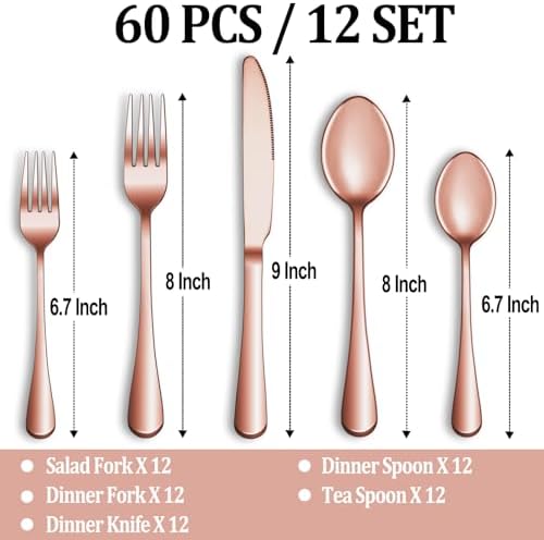 60 Pcs Rose Gold Silverware Set Service