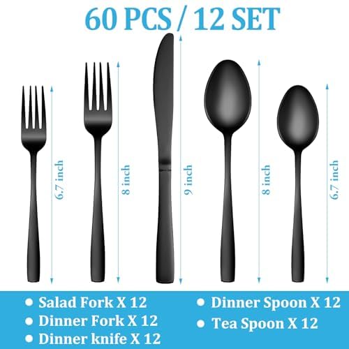 60 Pcs Black Silverware Set, Stainless Steel Flatware Set Service