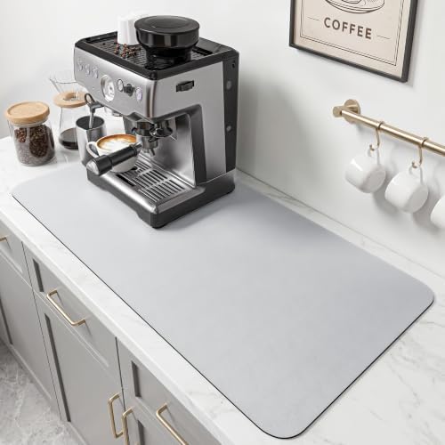 PoYang 31.5x17 Inch Coffee Mat, Extra Large Dish Drying Mat, Light Gray