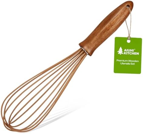 AIUHI Silicone Whisk with Wood Handle, 11.2" Balloon Egg Beater, Lightweight