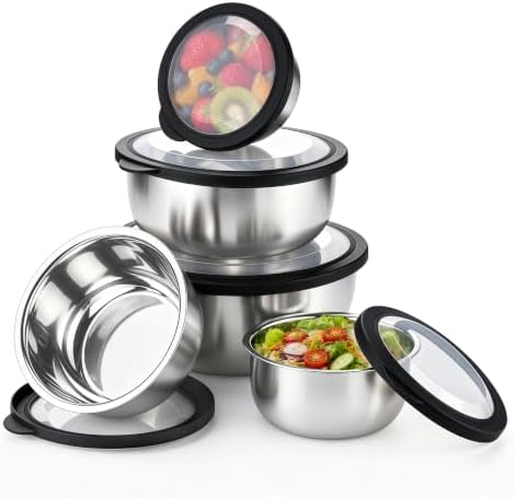 E-far Mixing Bowls with Lids Set of 5, Stainless Steel Nesting Salad Bowls
