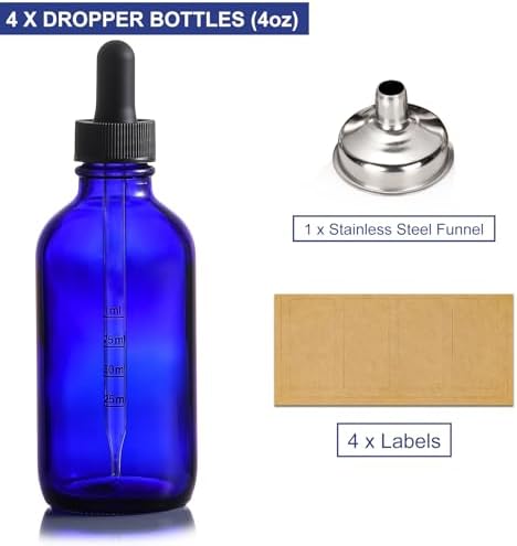 4 Pack 4oz Glass Dropper Bottles - 120ml Dark Blue Tincture Bottles with