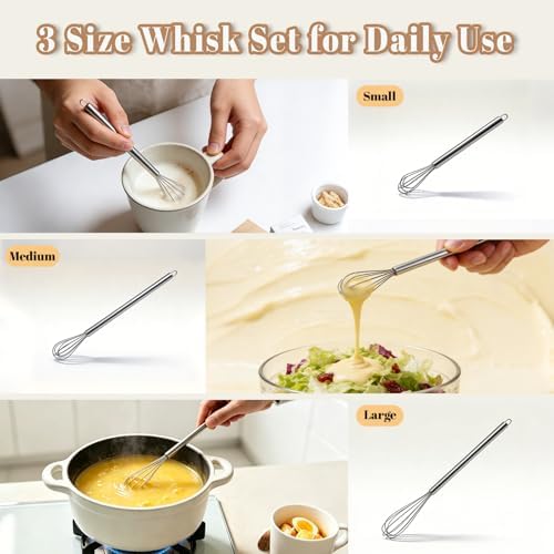 Whisks for Cooking, 3 Pack Mini Whisk for Whisking, Blending Eggs & Sauces
